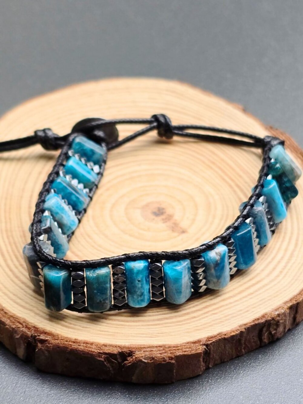 Handmade ✦ Blue Imperial Jasper Bracelet ✦ Adjustable Black Cord Slab Beads NWT